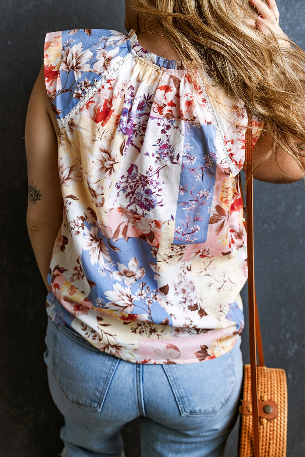 Floral Split V Neck Lace Trim Blouse