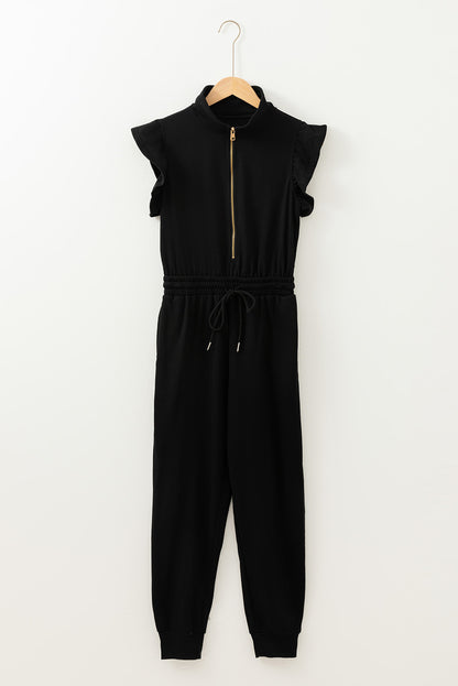 Solid Zipper Flutter Sleeve Jumpsuit