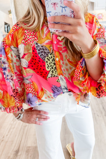 Abstract Floral Bubble Sleeve Shirt