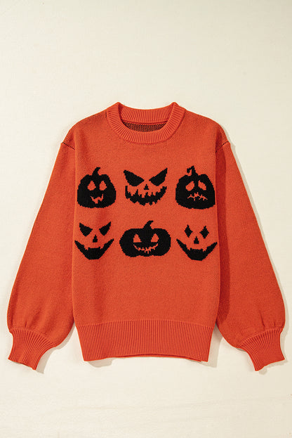 Halloween Pumpkin Face Drop Shoulder Sweater