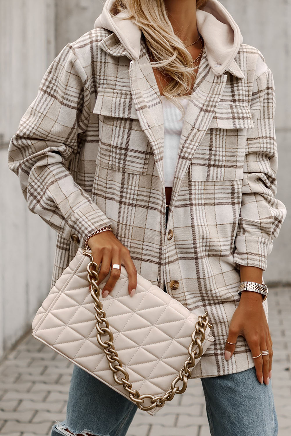 Plaid Removable Hood Buttoned Shacket