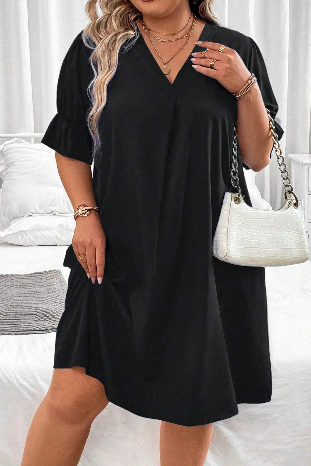 Ruffle Puff Sleeve V-Neck Dress Plus Size