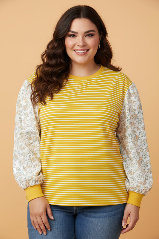 Plus Size Stripe Floral Patchwork Long Sleeve Top