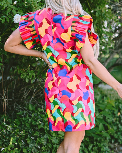 Abstract Ruffle Sleeve Shift Dress