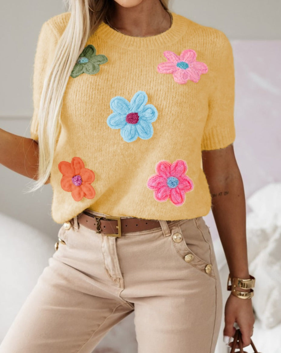 Floral Applique Short Sleeve Sweater