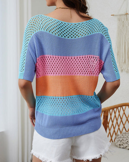 Colorblock Stripe Hollowed Knit Top