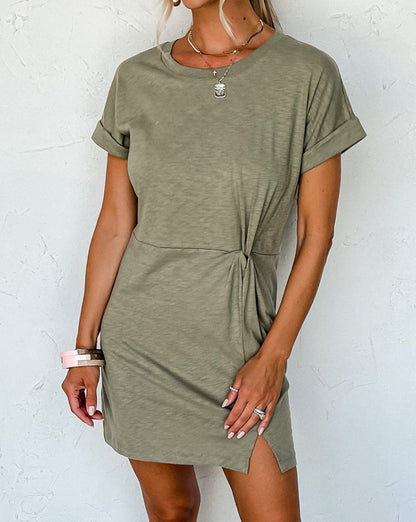 Folded Sleeve Twisted T-Shirt Dress