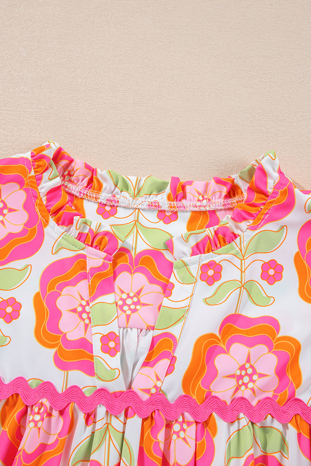 Floral Ricrac Trim  Ruffle Sleeve Blouse