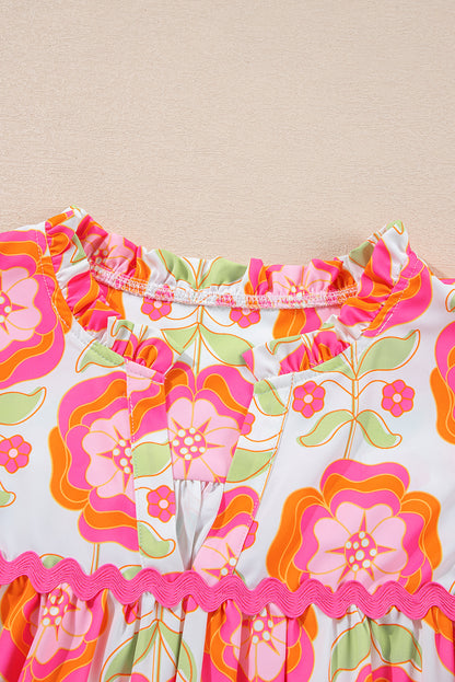 Floral Ricrac Trim  Ruffle Sleeve Blouse