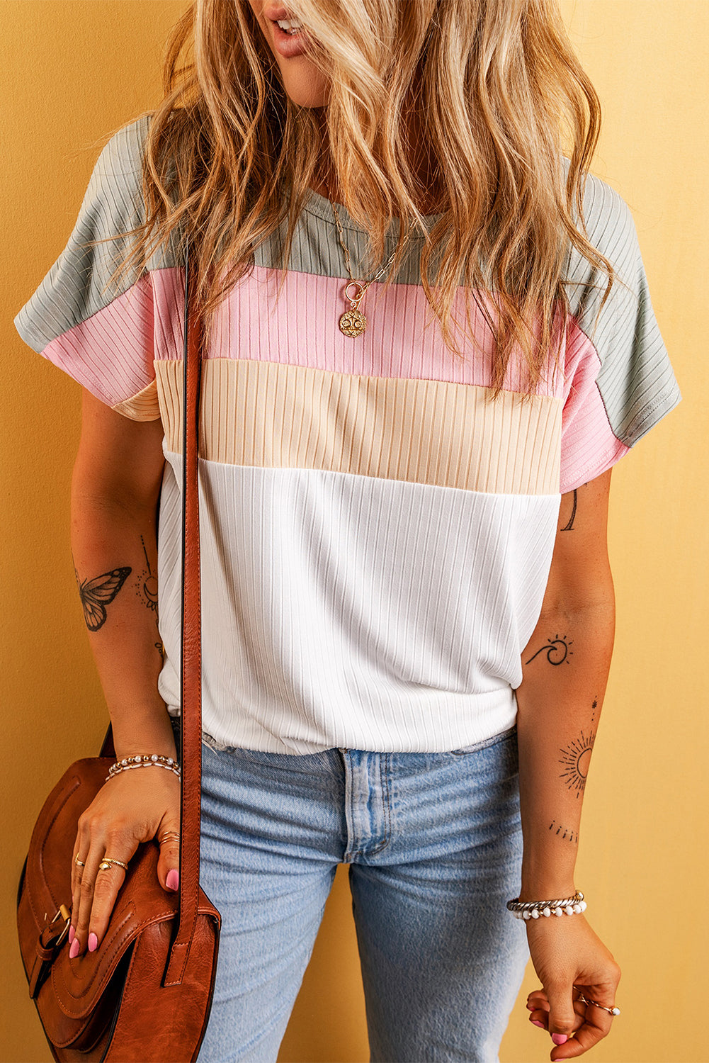 Colorblock Ribbed Short Sleeve T-Shirt