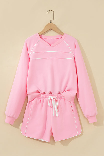 Contrast Trim Long Sleeve Pullover & Shorts Set