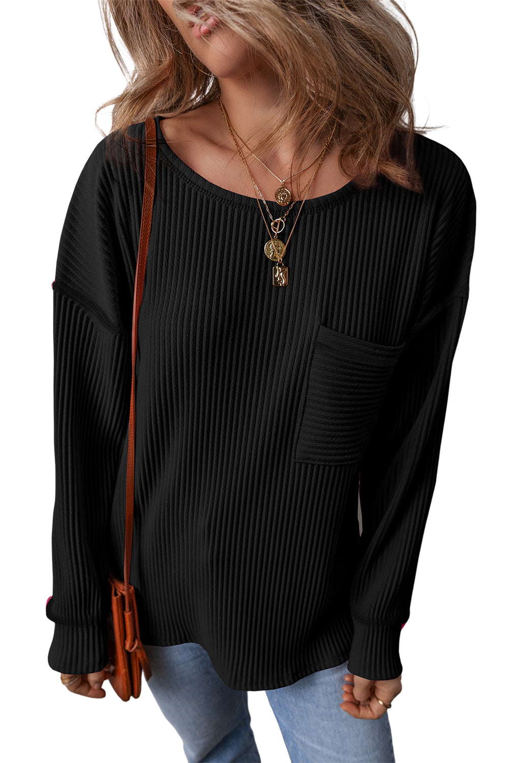 Solid Ribbed Long Sleeve Top