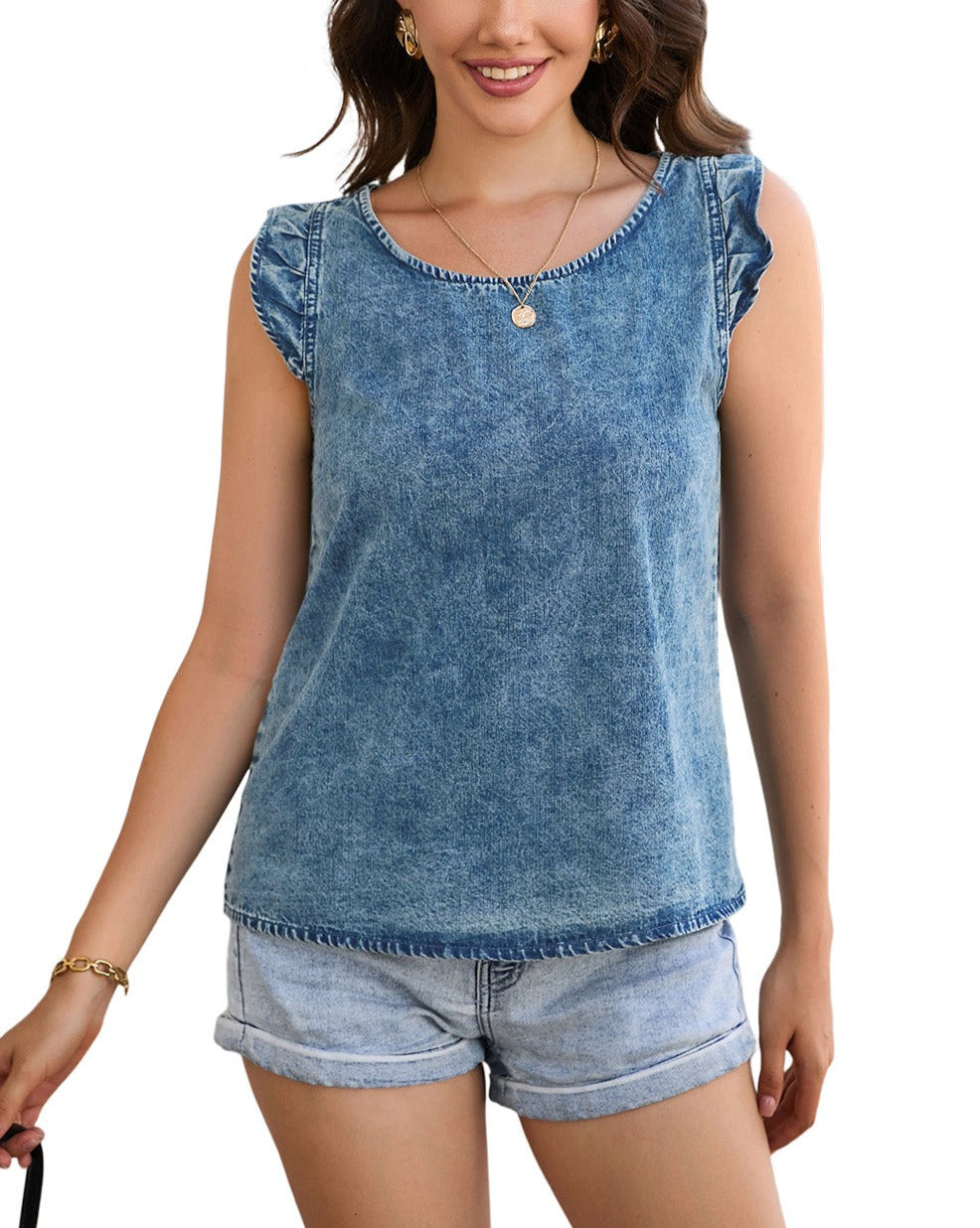 Denim Chambray Ruffle Tank Top