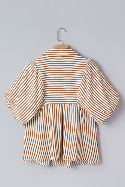 Stripe Shirred V-Neck Short Puff Sleeve Blouse