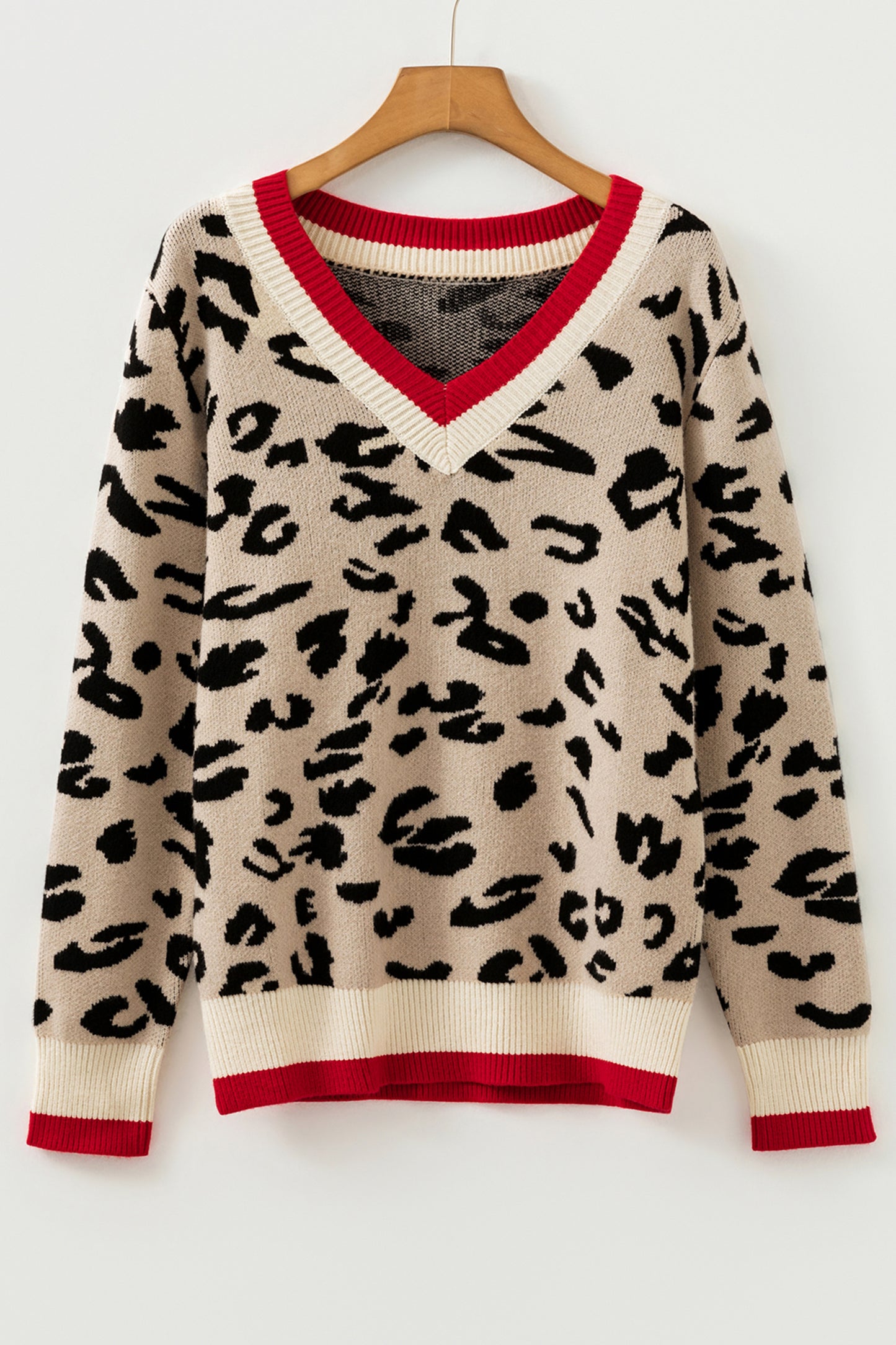 Leopard Contrast Stripe Ribbed Knit V-Neck Sweater