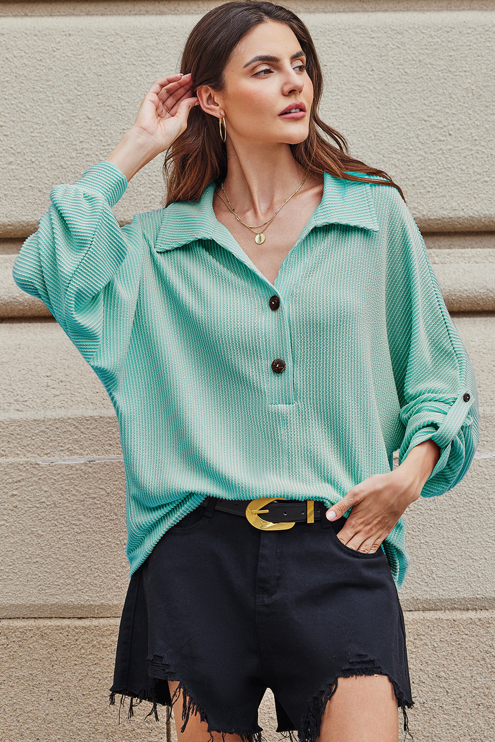 Corded Knit Roll-Up Sleeve Collared Henley Top