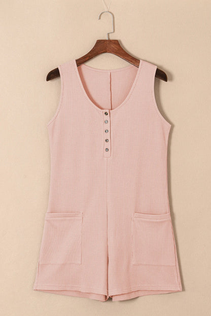 Solid Waffle Buttoned Scoop Neck Sleeveless Romper