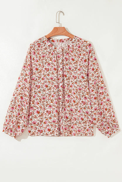 Floral Pleated Notched Neck Puff Sleeve Blouse