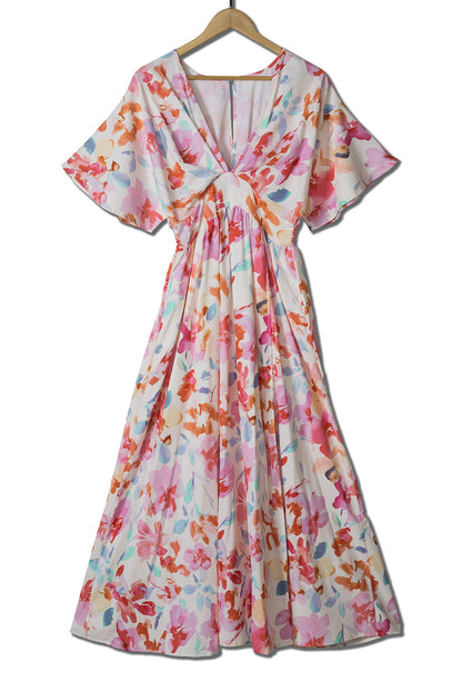 Floral Ruched V-Neck Maxi Dress