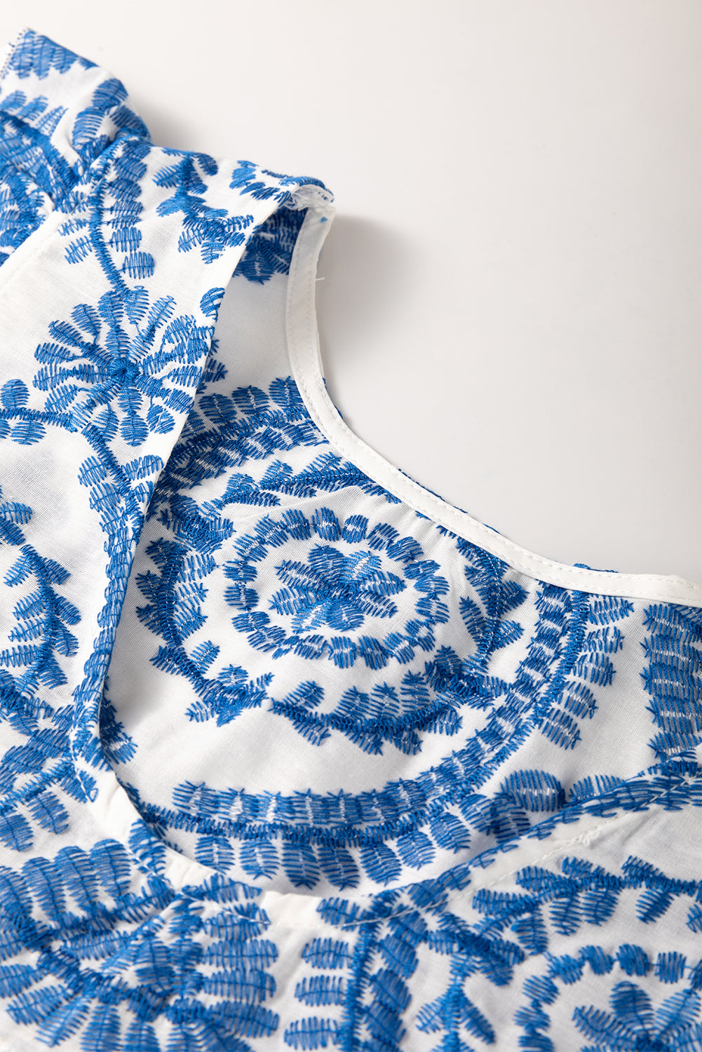 Boho Embroidered Flutter Sleeve Crew Neck Blouse