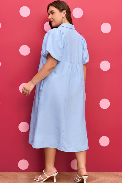 Plus Size Stripe Shirred Collared V-Neck Midi Dress