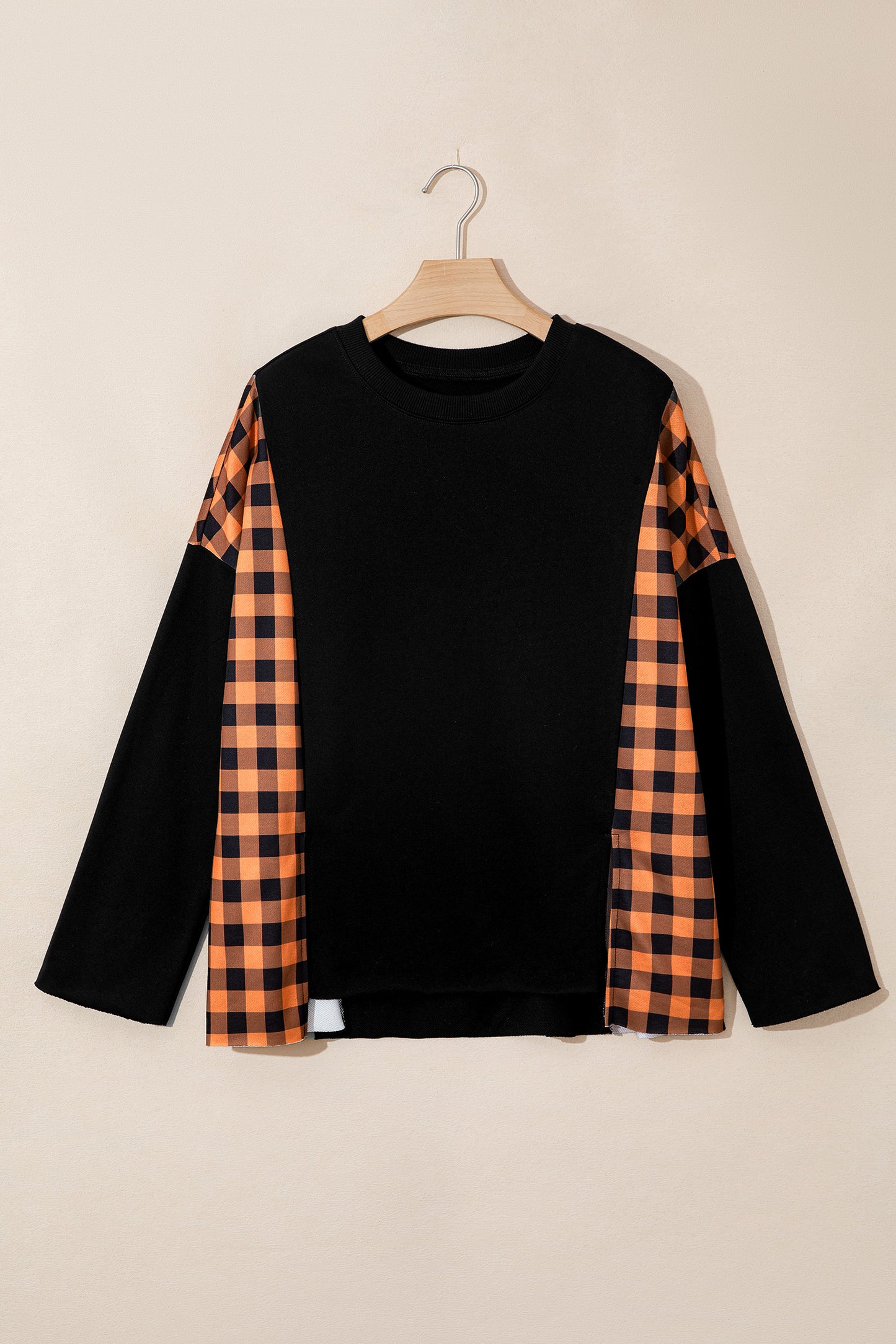 Halloween Pumpkin Gingham Patchwork Long Sleeve Top