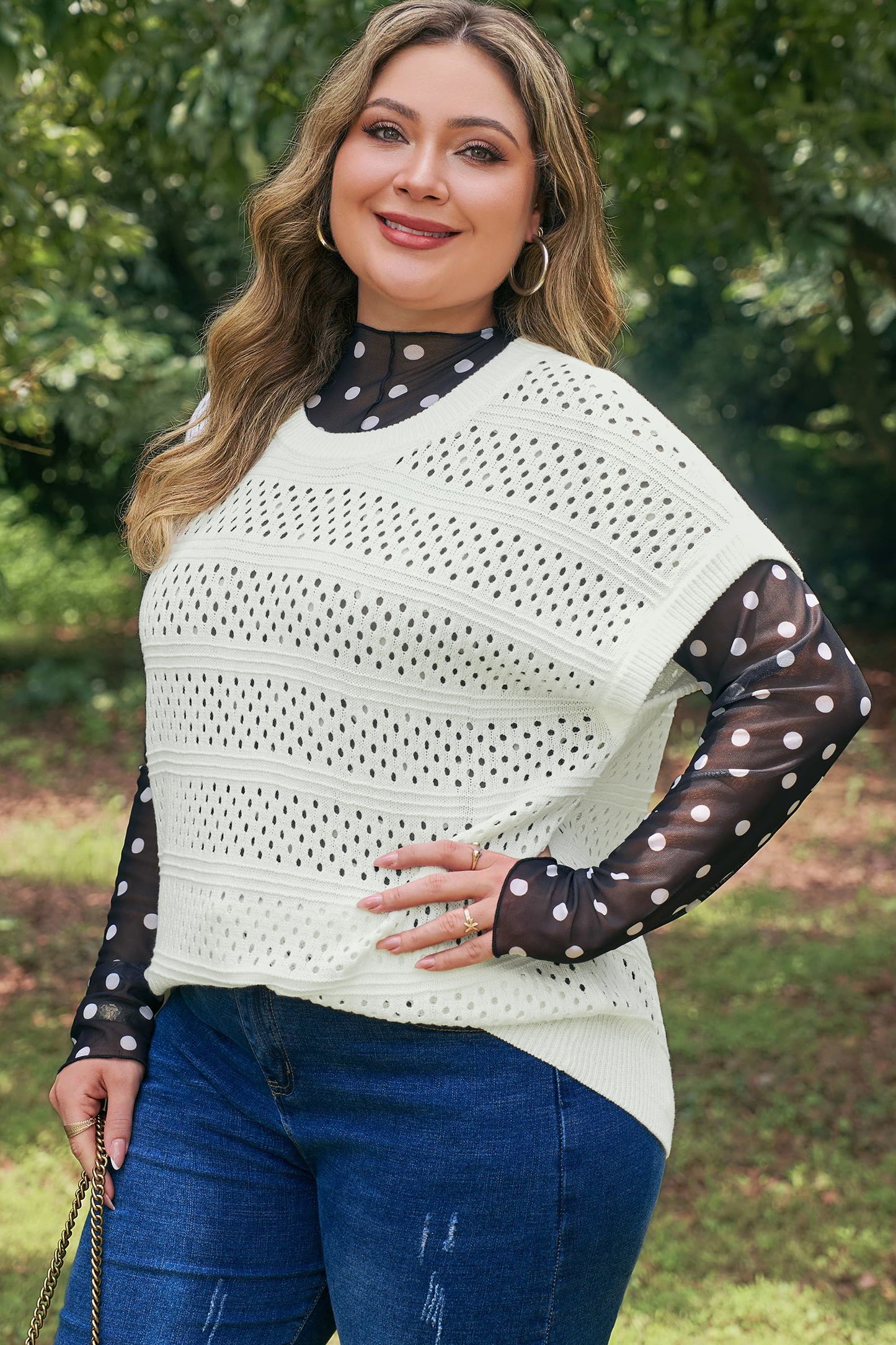 Plus Size Eyelet Hollow Out Dolman Knit Sweater