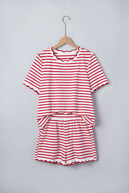 Stripe Scallop Trim Top & Elastic Waist Shorts Set