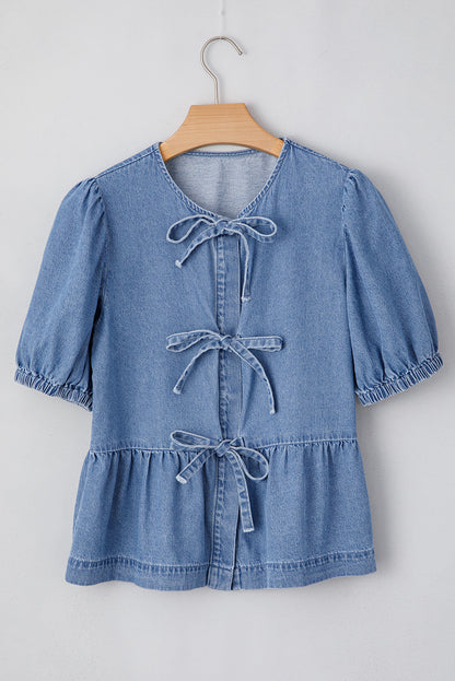 Denim Bubble Sleeve Peplum Shirt