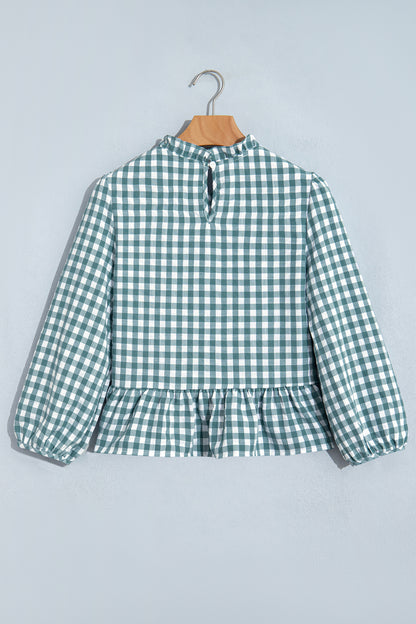 Gingham Shirred Long Sleeve Peplum Top