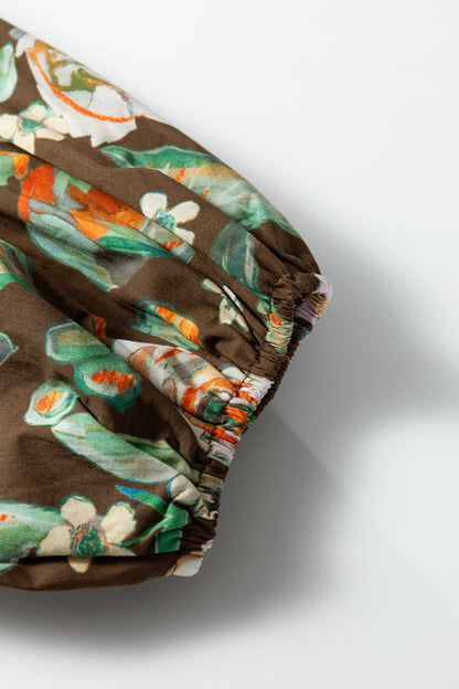 Floral Contrast Trim V-Neck Long Sleeve Pocketed Dress