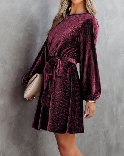 Crinkle Velvet Tie Belted Dress