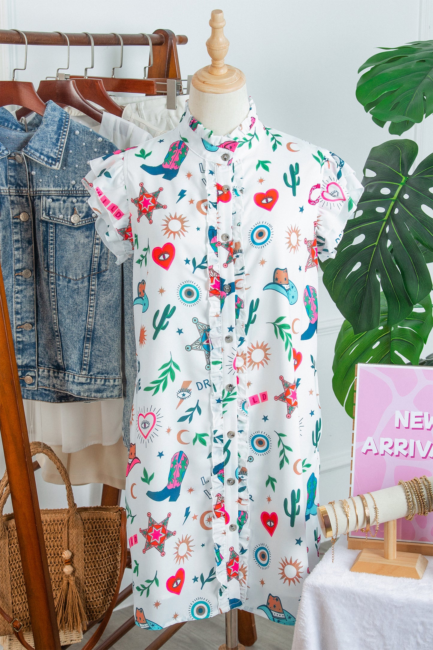 Western Flutter Sleeve Button-Down Mini Dress