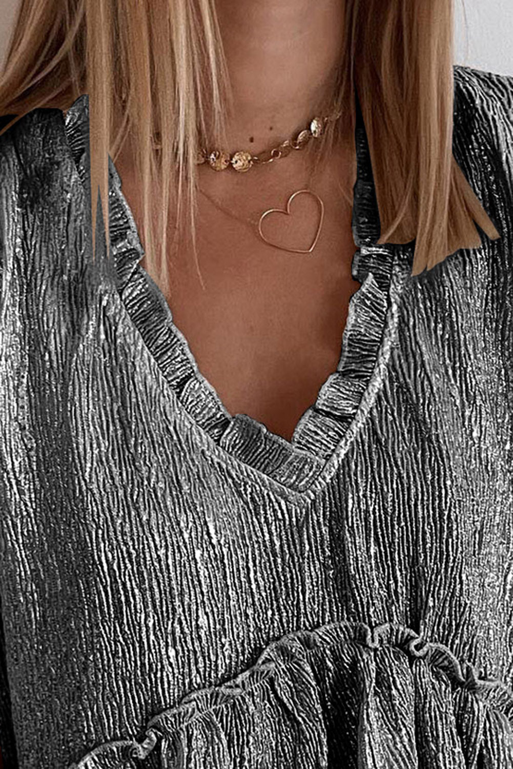 Metallic Crinkle Frilled V-Neck Blouse