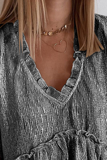 Metallic Crinkle Frilled V-Neck Blouse