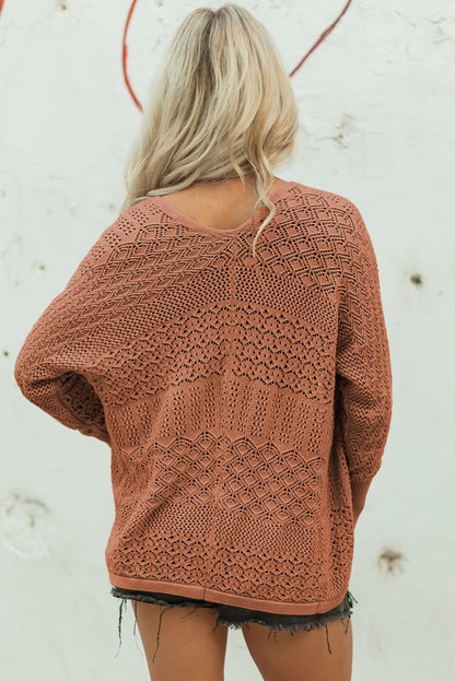 Solid Hollow Knit Open-Front Cardigan