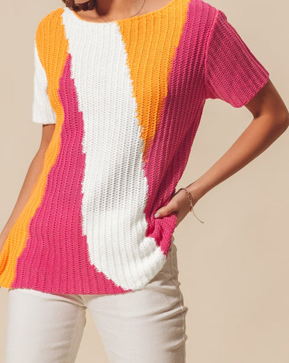 Colorblock Short Sleeve Knit Sweater