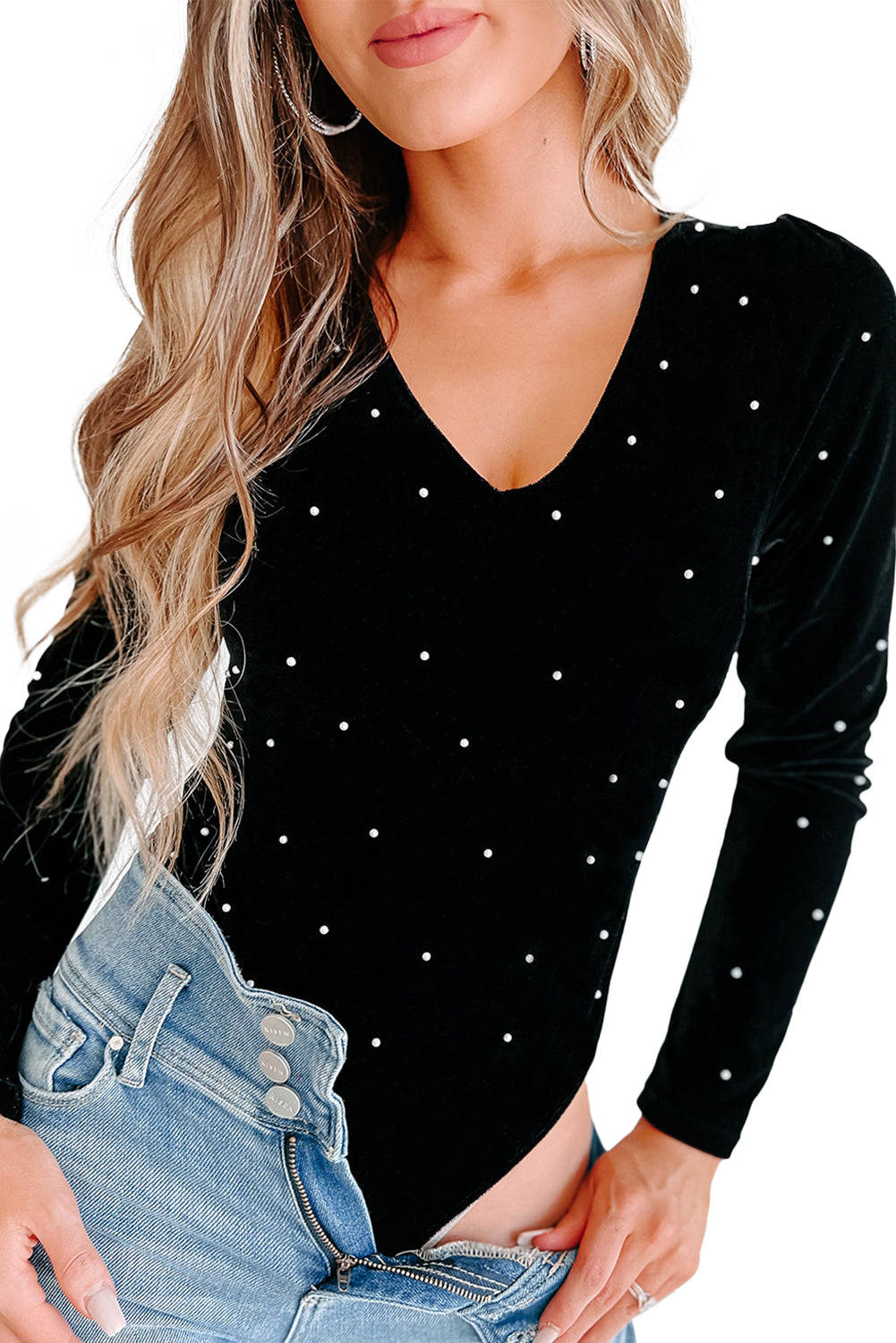 Velvet Beaded Long Sleeve Bodysuit