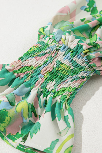 Abstract Floral Flounce Sleeve Mock Neck Blouse