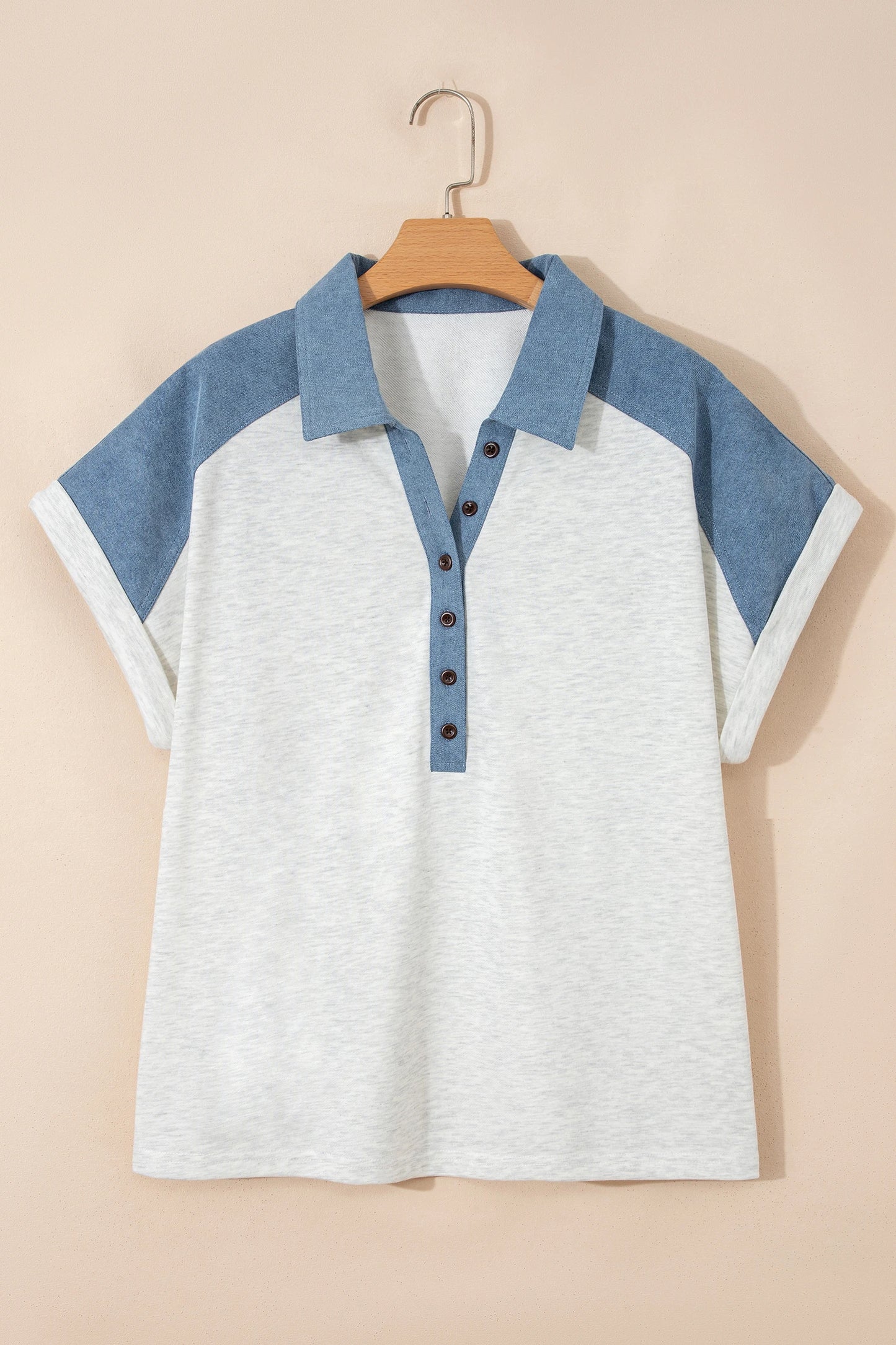 Plus Size Denim Patchwork Cuff Sleeve Polo Tee