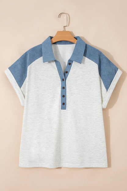 Plus Size Denim Patchwork Cuff Sleeve Polo Tee