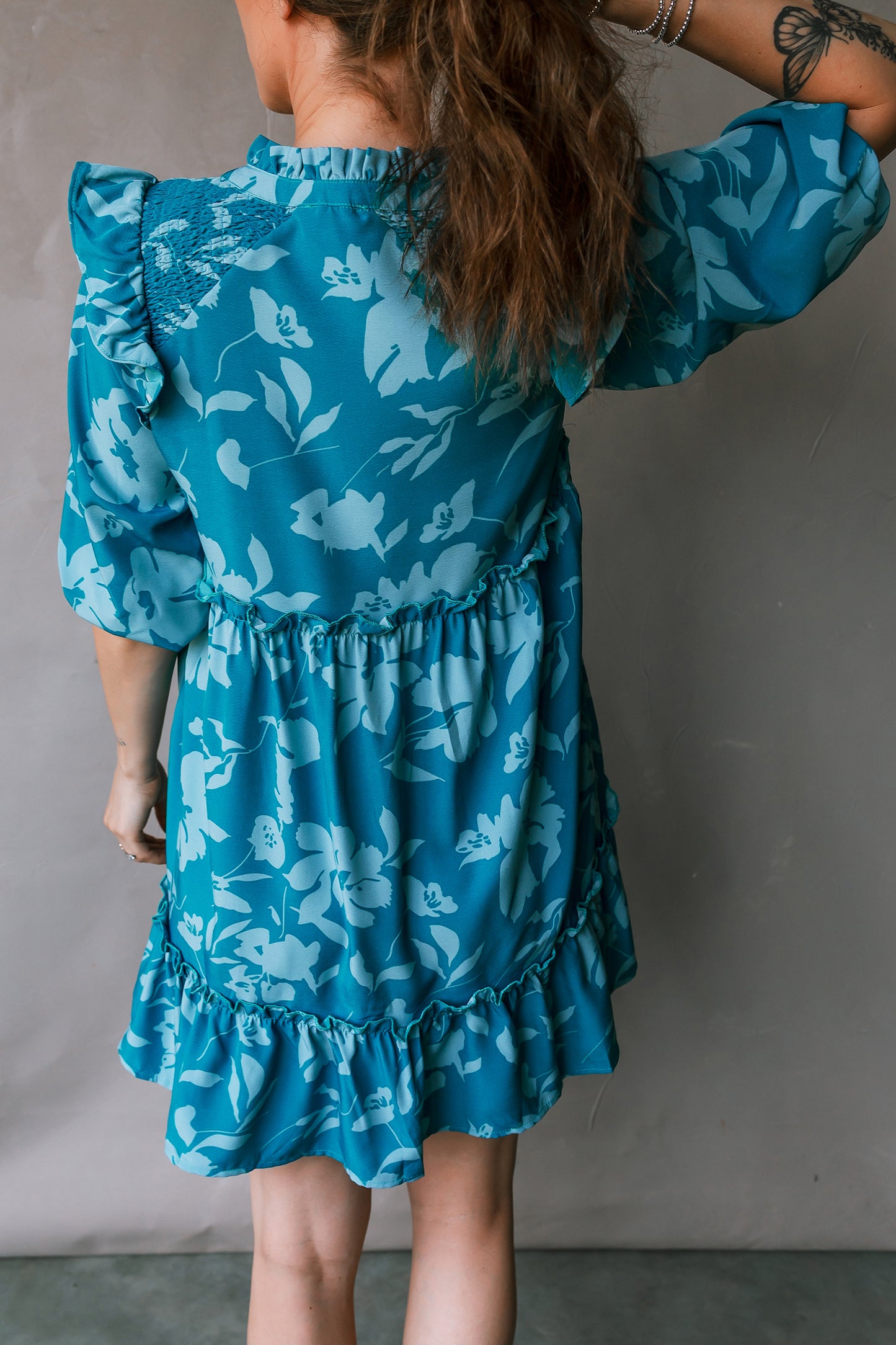 Flower 3/4 Sleeve Ruffle Tiered Dress