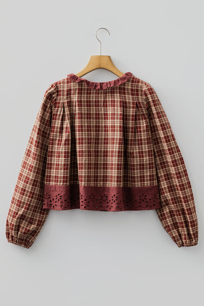 Plaid Eyelet Lace Trim Buttoned Long Sleeve Shirt