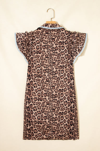 Leopard Lace Trim Collar Button Down Mini Dress