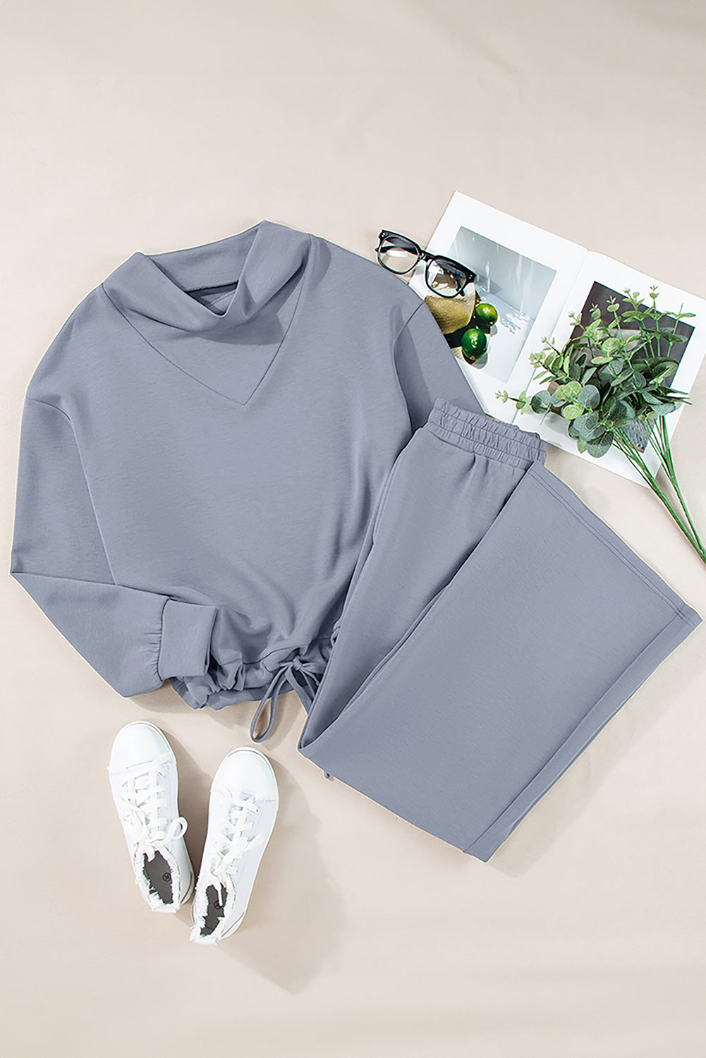 Solid Cowl Neck Pullover & Wide Leg Pants Set