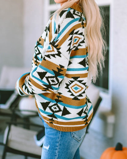 Aztec Stripe Ribbed Trim Sweater