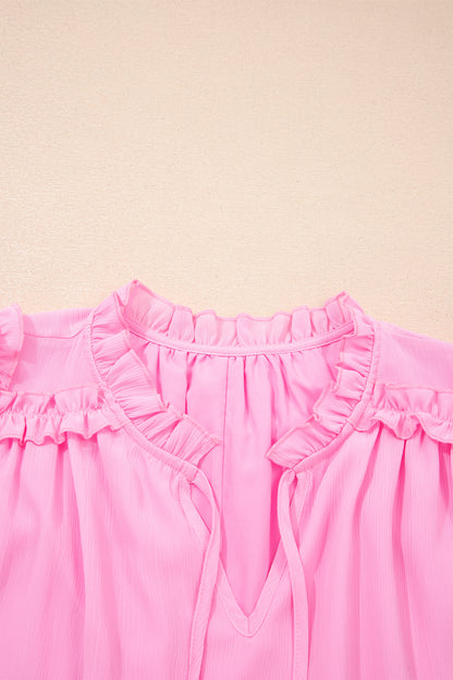 Plus Size Solid Ruffle Tassel Tie V-Neck Blouse