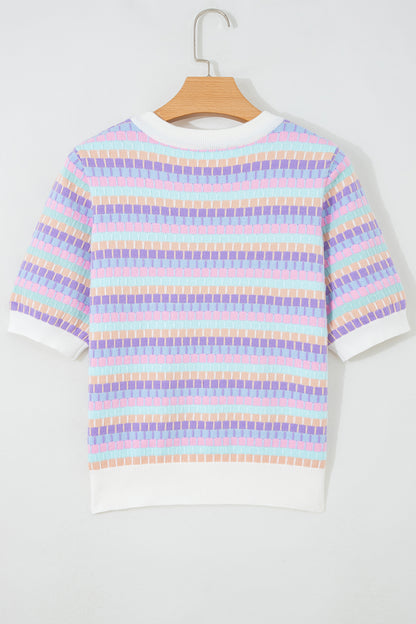 Abstract Stripe Short Sleeve Sweater Knit Top