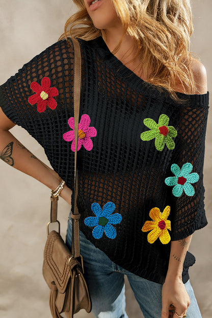 Floral Crochet Hollowed Knit T-Shirt