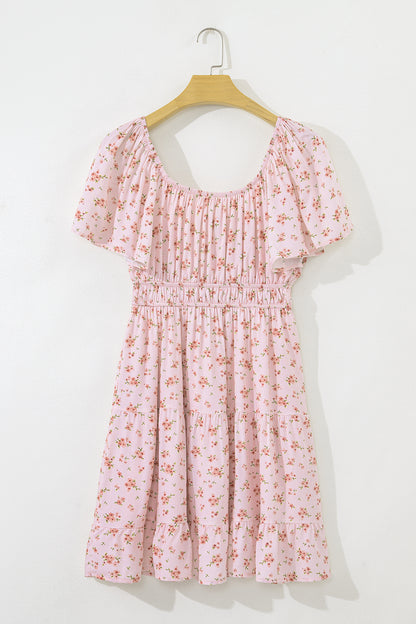 Floral Front Tie Shirred Waist Ruffle Mini Dress